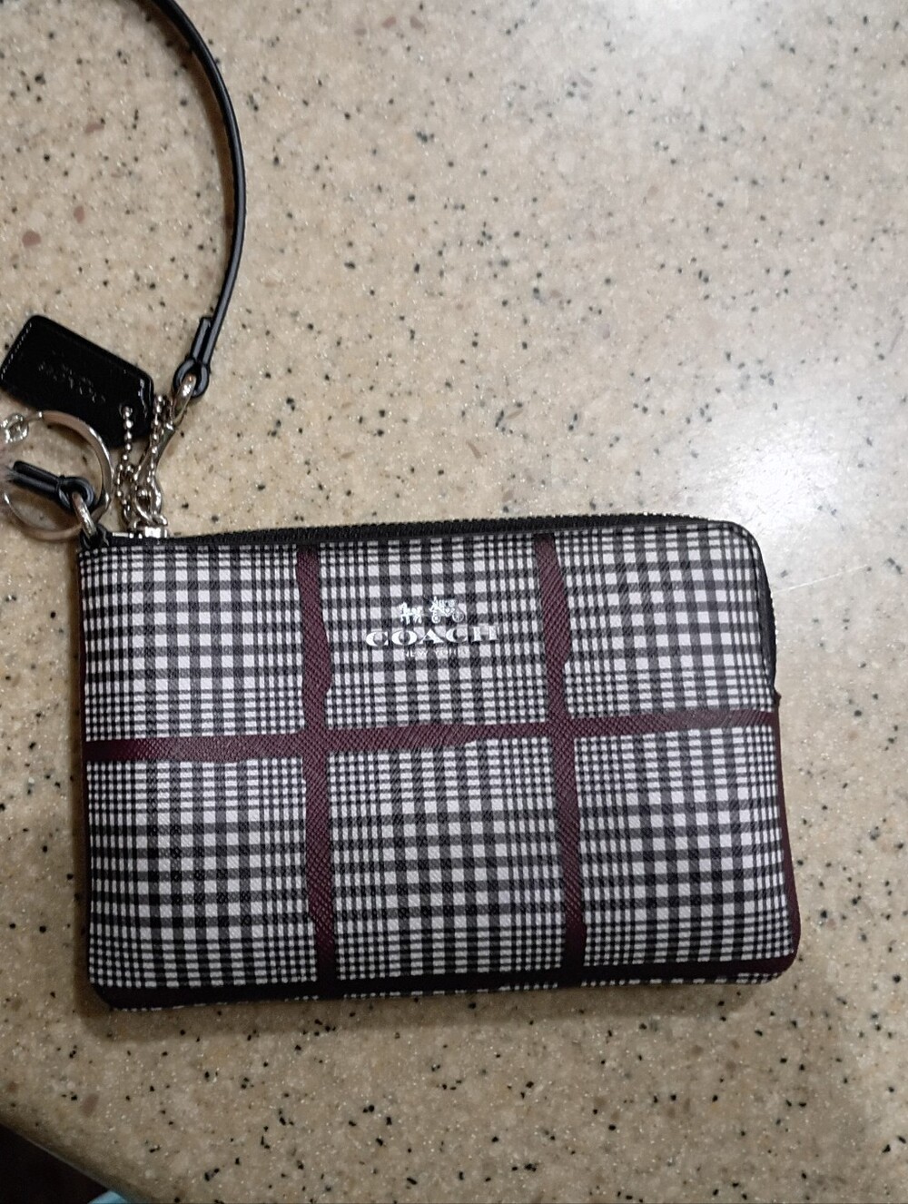 Coach Plaid Wristlet Wallet in Black and Burgundy